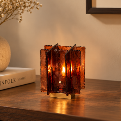 RoyaleGlow Amber Textured Artisan Glass Table Lamp - Dimmable Decorative Bedside Light