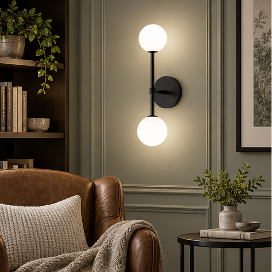 LuxRoyale Modern Brass Double Globe Wall Sconce-Frosted Glass Vanity Light Fixture