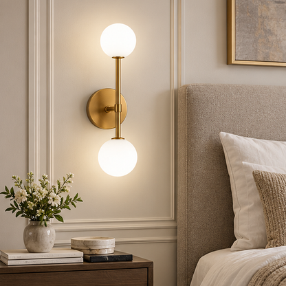 LuxRoyale Modern Brass Double Globe Wall Sconce-Frosted Glass Vanity Light Fixture