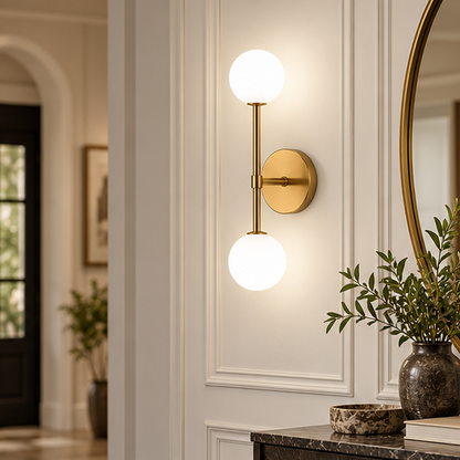 LuxRoyale Modern Brass Double Globe Wall Sconce-Frosted Glass Vanity Light Fixture