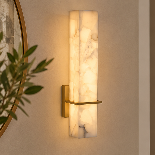 RoyaleGlow Alabaster Wall Sconce - Minimalist Cuboid Modern Brass Light Fixture for Bedroom Living Room