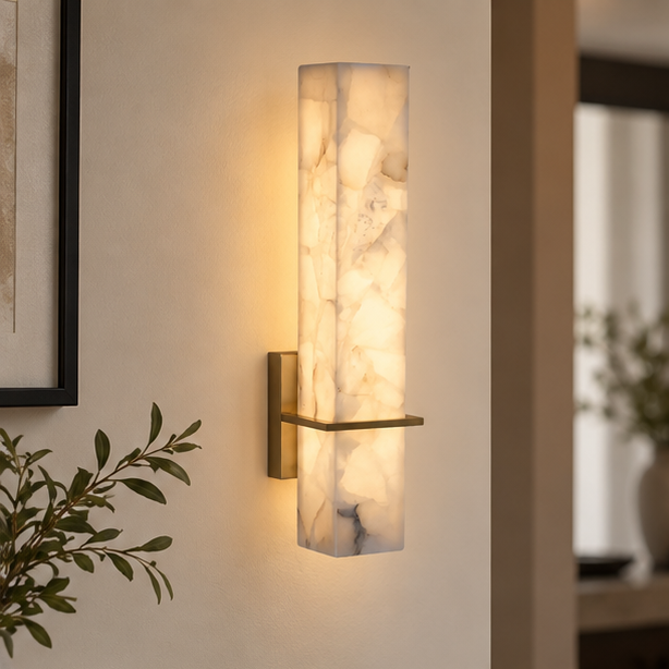 RoyaleGlow Alabaster Wall Sconce - Minimalist Cuboid Modern Brass Light Fixture for Bedroom Living Room