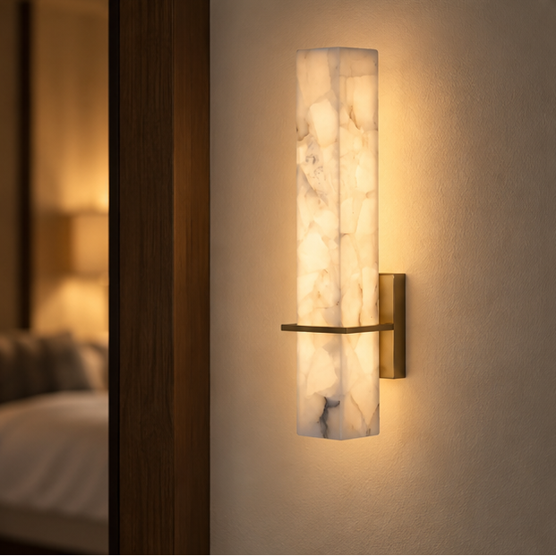 RoyaleGlow Alabaster Wall Sconce - Minimalist Cuboid Modern Brass Light Fixture for Bedroom Living Room