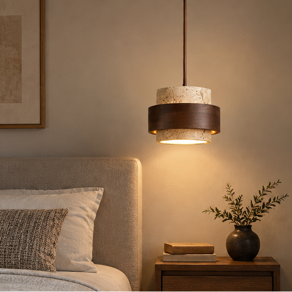 RoyaleGlow Modern Travertine Pendant Light Walnut Wood Hanging Lamp for Dining Room