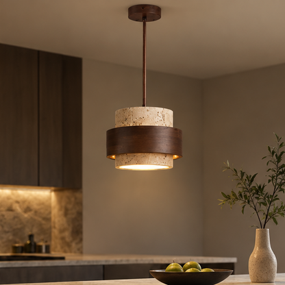 RoyaleGlow Modern Travertine Pendant Light Walnut Wood Hanging Lamp for Dining Room