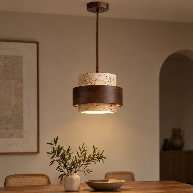 RoyaleGlow Modern Travertine Pendant Light Walnut Wood Hanging Lamp for Dining Room
