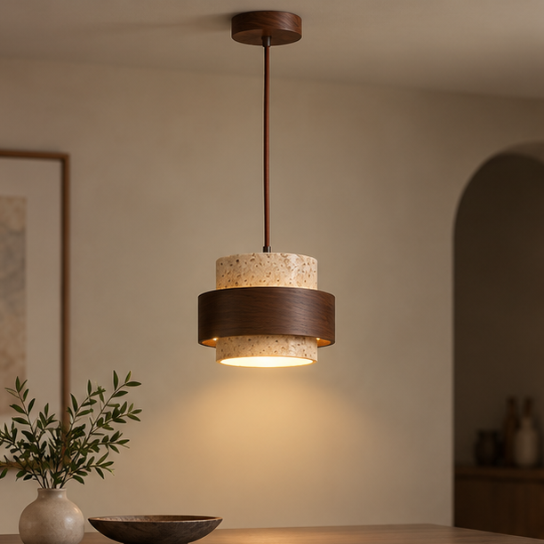RoyaleGlow Modern Travertine Pendant Light Walnut Wood Hanging Lamp for Dining Room