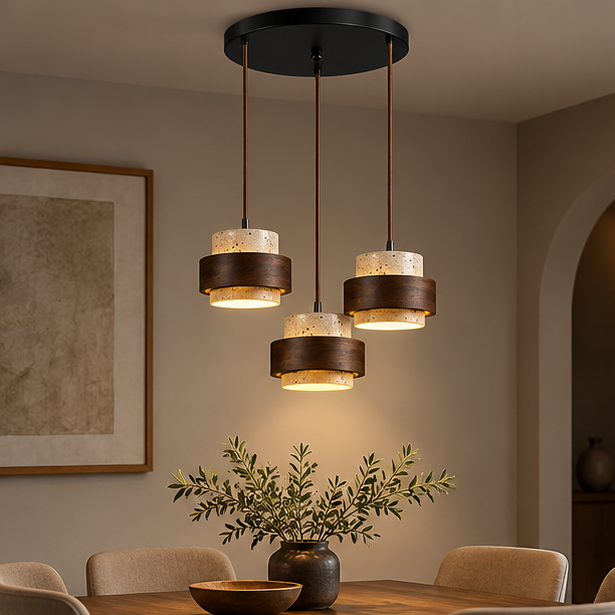 RoyaleGlow Modern Travertine Pendant Light Walnut Wood Hanging Lamp for Dining Room