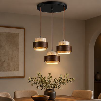RoyaleGlow Modern Travertine Pendant Light Walnut Wood Hanging Lamp for Dining Room