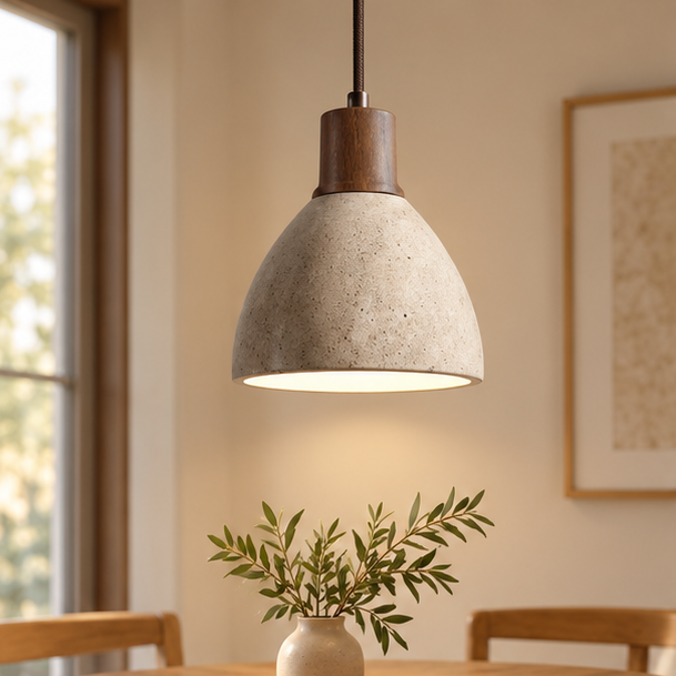 RoyaleGlow Modern Travertine Stone Pendant Light - Wooden Kitchen Island Hanging Fixture