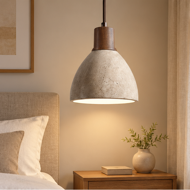 RoyaleGlow Modern Travertine Stone Pendant Light - Wooden Kitchen Island Hanging Fixture