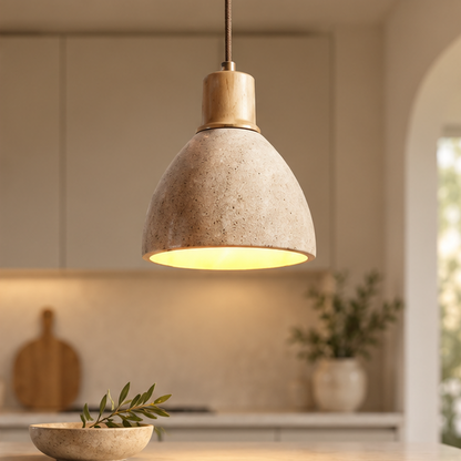 RoyaleGlow Modern Travertine Stone Pendant Light - Wooden Kitchen Island Hanging Fixture