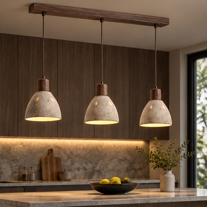 RoyaleGlow Modern Travertine Stone Pendant Light - Wooden Kitchen Island Hanging Fixture