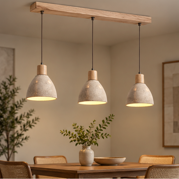 RoyaleGlow Modern Travertine Stone Pendant Light - Wooden Kitchen Island Hanging Fixture