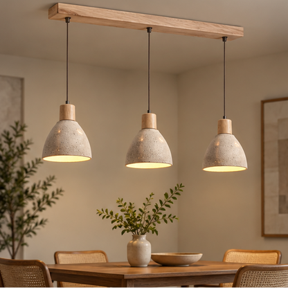 RoyaleGlow Modern Travertine Stone Pendant Light - Wooden Kitchen Island Hanging Fixture