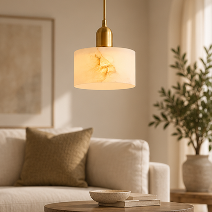 RoyaleGlow Modern Alabaster Cylinder Pendant Light Fixture For Bedroom, Kitchen Island