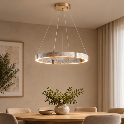 RoyaleGlow Modern Travertine Ring LED Chandelier - Natural Stone Hanging Ceiling Light