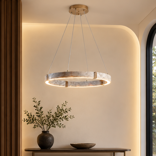 RoyaleGlow Modern Travertine Ring LED Chandelier - Natural Stone Hanging Ceiling Light
