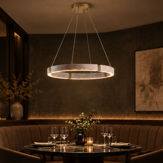 RoyaleGlow Modern Travertine Ring LED Chandelier - Natural Stone Hanging Ceiling Light
