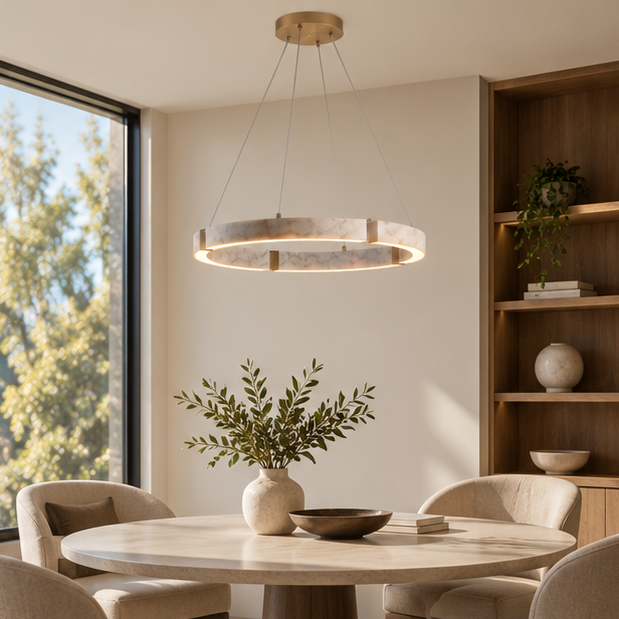 RoyaleGlow Modern Travertine Ring LED Chandelier - Natural Stone Hanging Ceiling Light