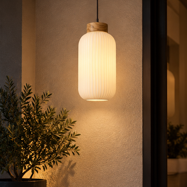 RoyaleGlow Japanese Wood & Milk Glass Pendant Light, Modern Hanging Lamp with Soft Glow
