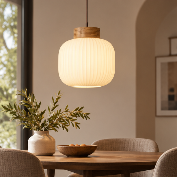 RoyaleGlow Japanese Wood & Milk Glass Pendant Light, Modern Hanging Lamp with Soft Glow