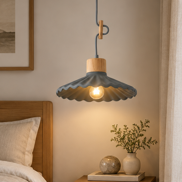 Royelux Nordic Scalloped Pendant Light – Cement & Wood Kitchen Island Fixture