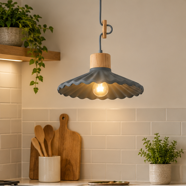 Royelux Nordic Scalloped Pendant Light – Cement & Wood Kitchen Island Fixture