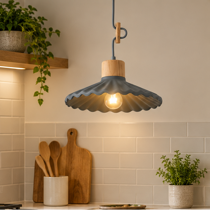 Royelux Nordic Scalloped Pendant Light – Cement & Wood Kitchen Island Fixture