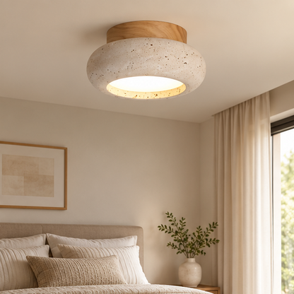 RoyaleGlow Travertine Ceiling Light - Natural Wood Flush Mount Japanese Style Fixture