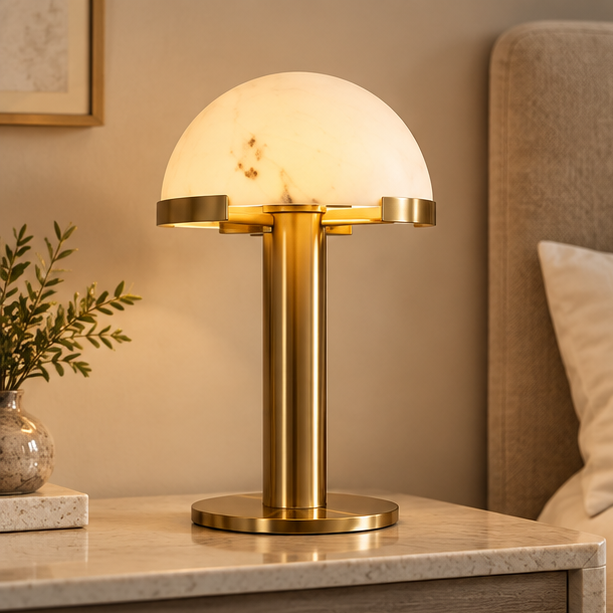 RoyaleGlow Modern Alabaster Table Lamp – Hemispherical Plug-In Bedside & Desk Light