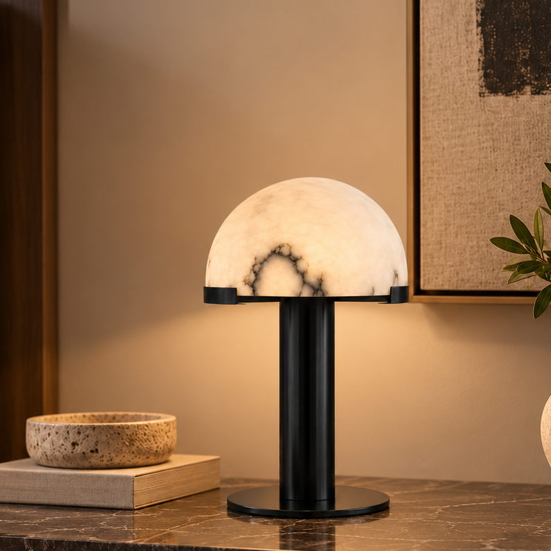 RoyaleGlow Modern Alabaster Table Lamp – Hemispherical Plug-In Bedside & Desk Light