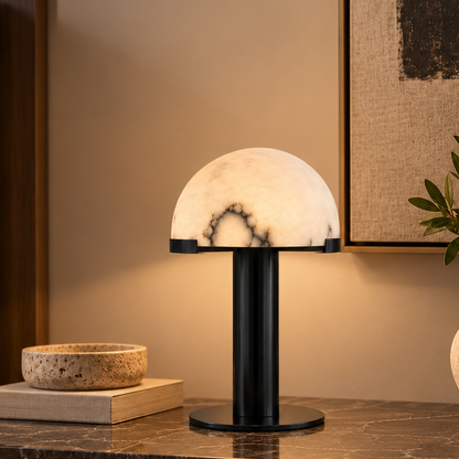 RoyaleGlow Modern Alabaster Table Lamp – Hemispherical Plug-In Bedside & Desk Light