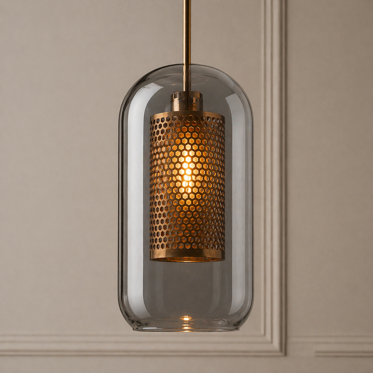 LuxRoyale Double-Layer Glass Pendant Light With Inner Mesh Core and Outer Glass Shade
