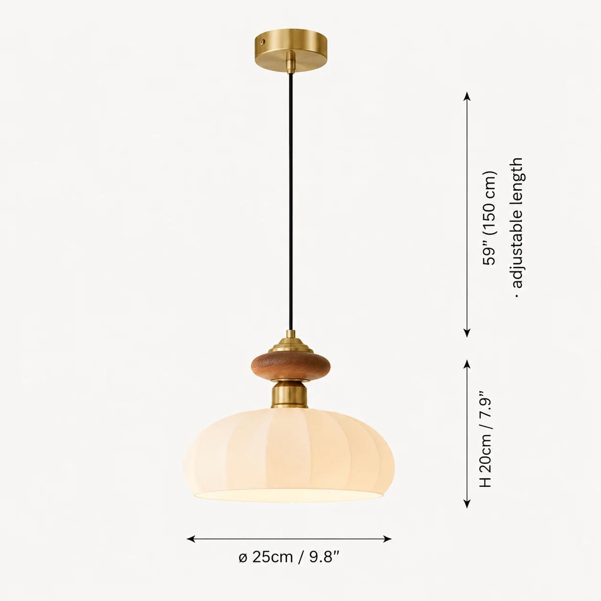 RoyaleGlow Modern Glass Pendant Light Brass And Walnut Kitchen Island Hanging Lamp