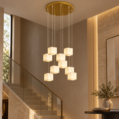 RoyaleGlow Modern Alabaster Cube Pendant Light - Long Chandelier for Dining & Staircase