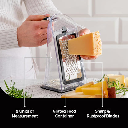 Cheese Grater with Garlic Crusher- Box Grater Vegetable Shredder with 3 Stainless Steel Blades - Graters for Kitchen- Cheese Graters with Handle - Garlic Mincer Tool and Vegetable Peeler 3