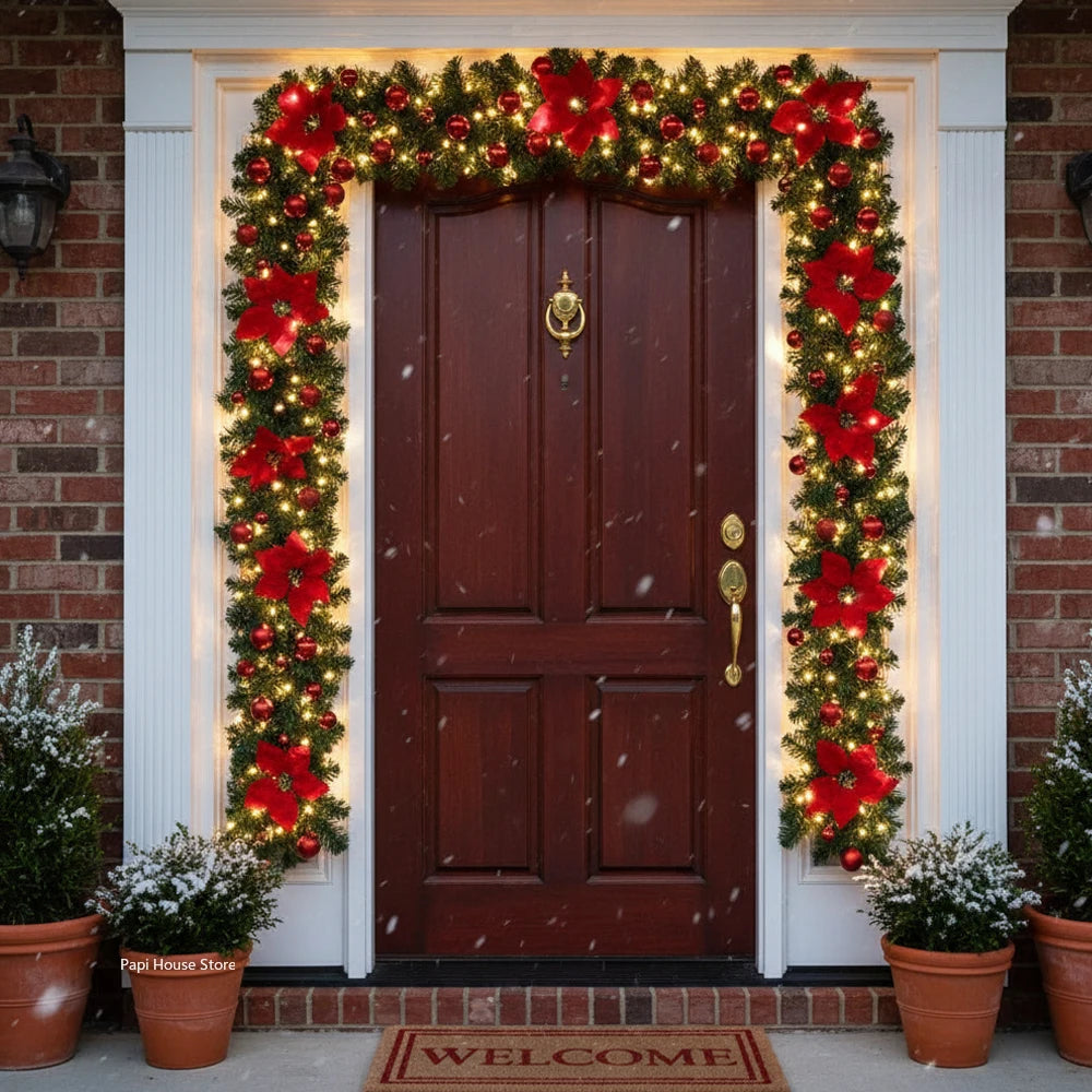 Christmas LED Rattan Garland Banner, 2.7M Artificial Xmas Tree Wreath for Home Fireplace Door Staircase Party Wall Decoration 0