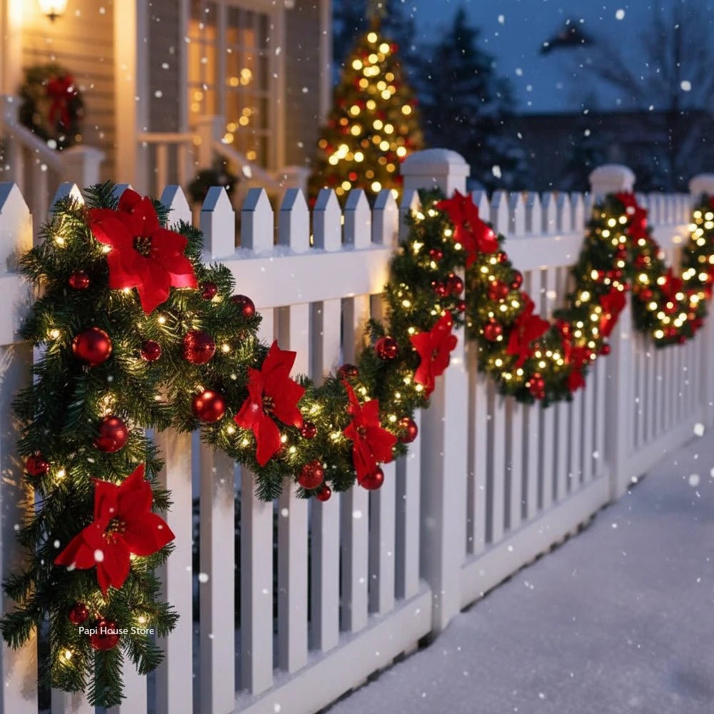 Christmas LED Rattan Garland Banner, 2.7M Artificial Xmas Tree Wreath for Home Fireplace Door Staircase Party Wall Decoration 1