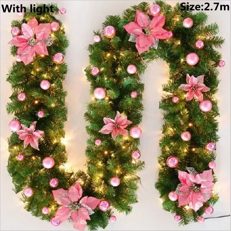 Christmas LED Rattan Garland Banner, 2.7M Artificial Xmas Tree Wreath for Home Fireplace Door Staircase Party Wall Decoration 10