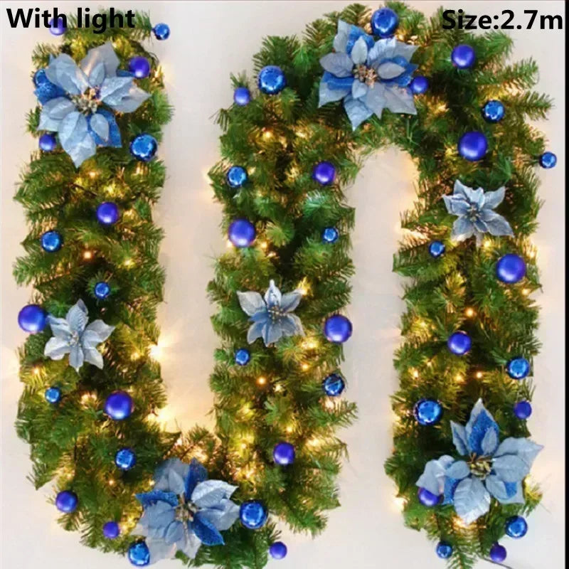 Christmas LED Rattan Garland Banner, 2.7M Artificial Xmas Tree Wreath for Home Fireplace Door Staircase Party Wall Decoration 11