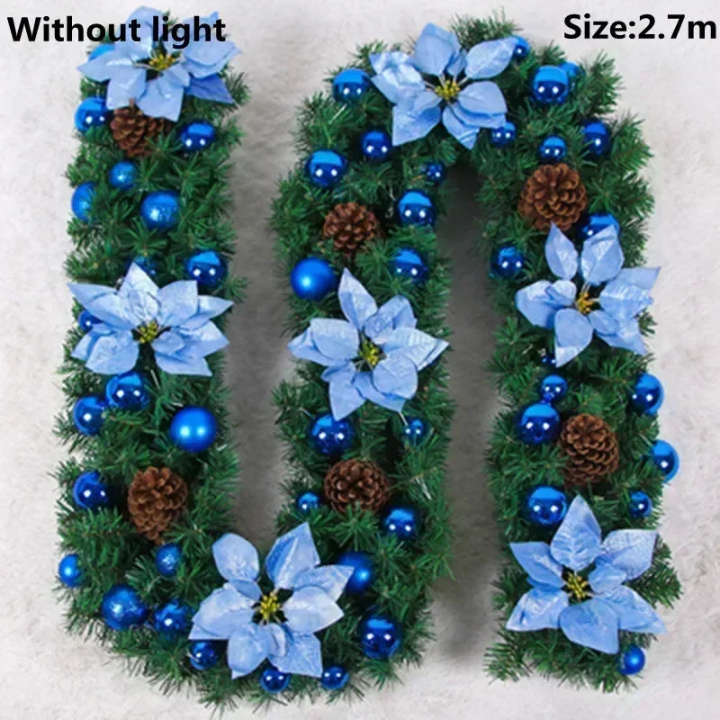 Christmas LED Rattan Garland Banner, 2.7M Artificial Xmas Tree Wreath for Home Fireplace Door Staircase Party Wall Decoration 12
