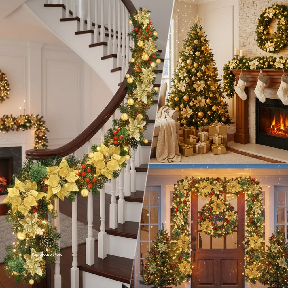 Christmas LED Rattan Garland Banner, 2.7M Artificial Xmas Tree Wreath for Home Fireplace Door Staircase Party Wall Decoration 2