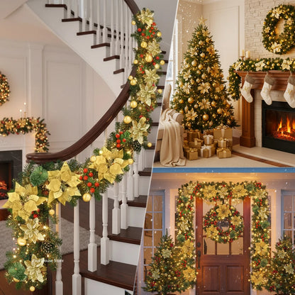 Christmas LED Rattan Garland Banner, 2.7M Artificial Xmas Tree Wreath for Home Fireplace Door Staircase Party Wall Decoration 2