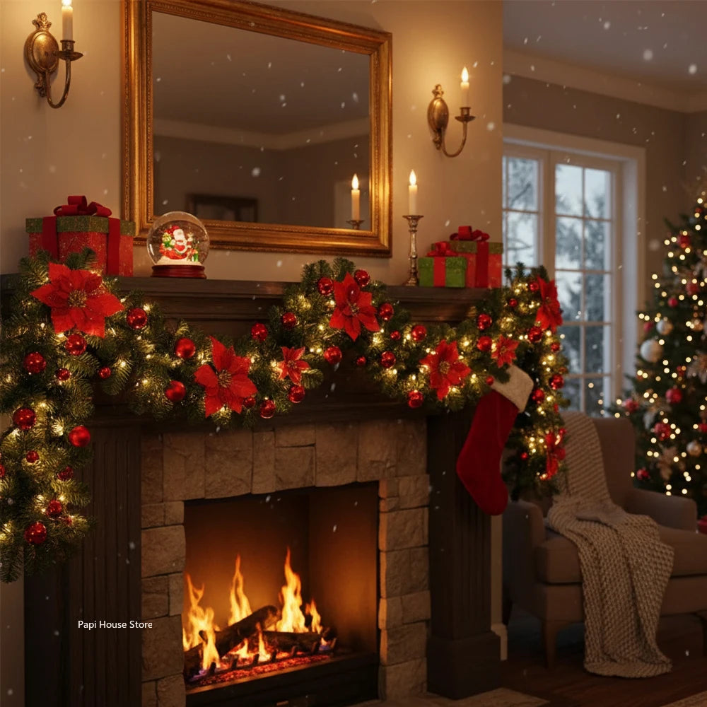 Christmas LED Rattan Garland Banner, 2.7M Artificial Xmas Tree Wreath for Home Fireplace Door Staircase Party Wall Decoration 5