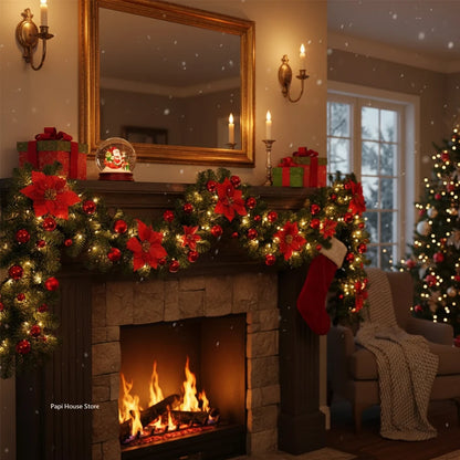 Christmas LED Rattan Garland Banner, 2.7M Artificial Xmas Tree Wreath for Home Fireplace Door Staircase Party Wall Decoration 5