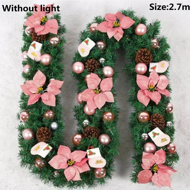 Christmas LED Rattan Garland Banner, 2.7M Artificial Xmas Tree Wreath for Home Fireplace Door Staircase Party Wall Decoration 6