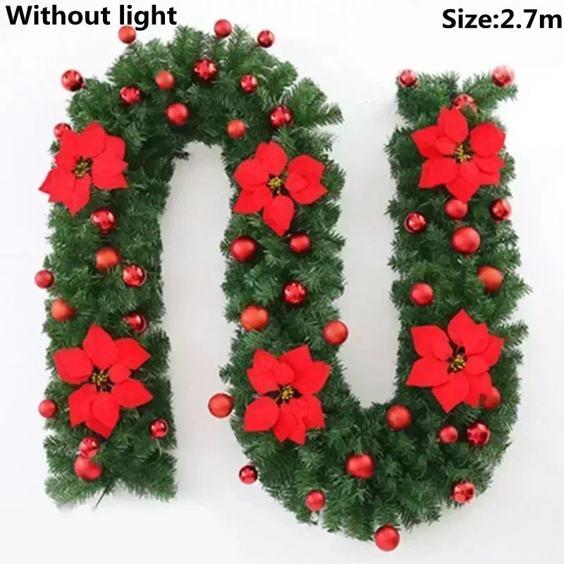 Christmas LED Rattan Garland Banner, 2.7M Artificial Xmas Tree Wreath for Home Fireplace Door Staircase Party Wall Decoration 7