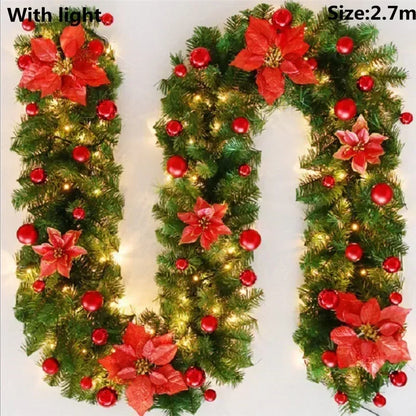 Christmas LED Rattan Garland Banner, 2.7M Artificial Xmas Tree Wreath for Home Fireplace Door Staircase Party Wall Decoration 8