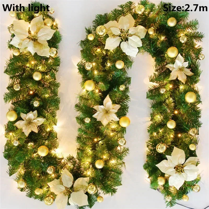 Christmas LED Rattan Garland Banner, 2.7M Artificial Xmas Tree Wreath for Home Fireplace Door Staircase Party Wall Decoration 9